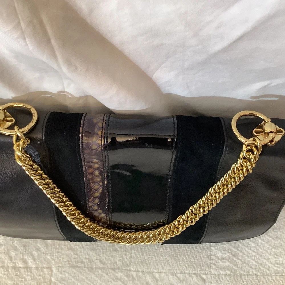 EUC Halston Heritage Black Leather suede shoulder  crossbody gold chain - Picture 10 of 17